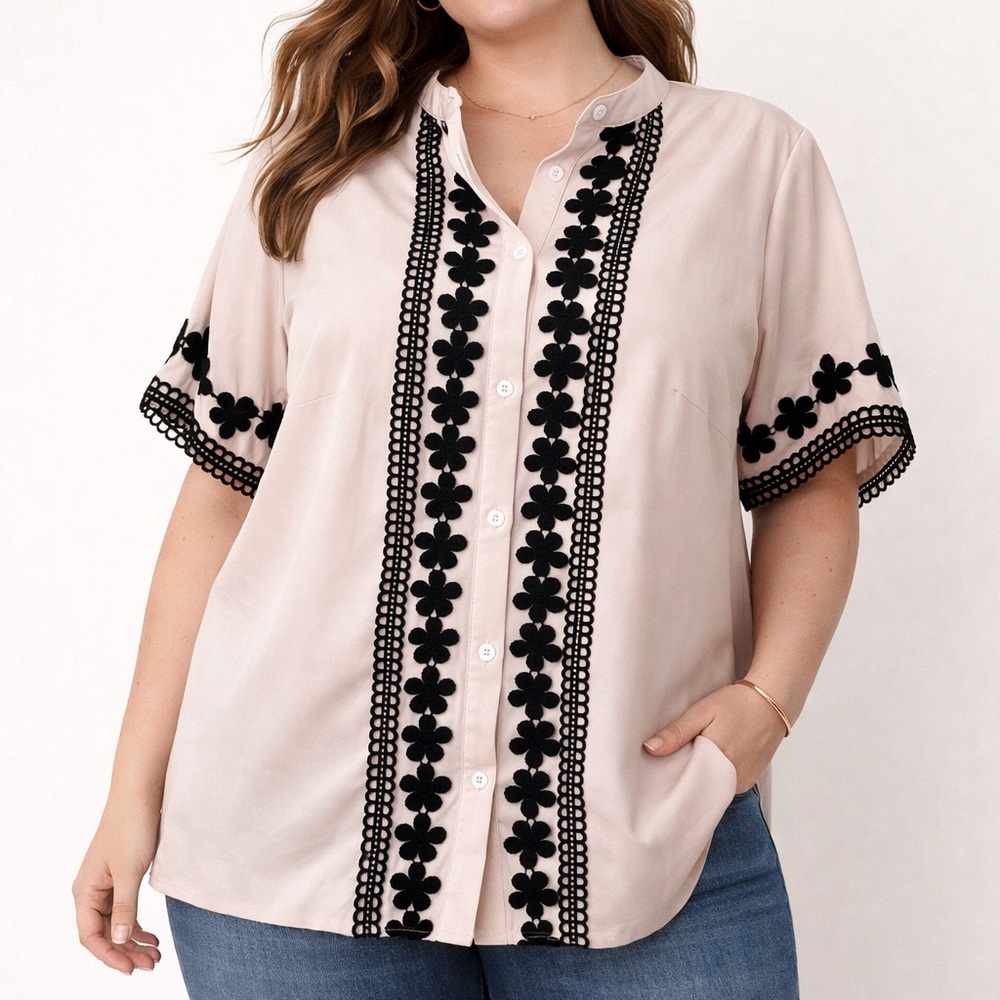 SHEIN Womens‎ Black Floral on Cream Button Down Shirt Short Sleeve Boho